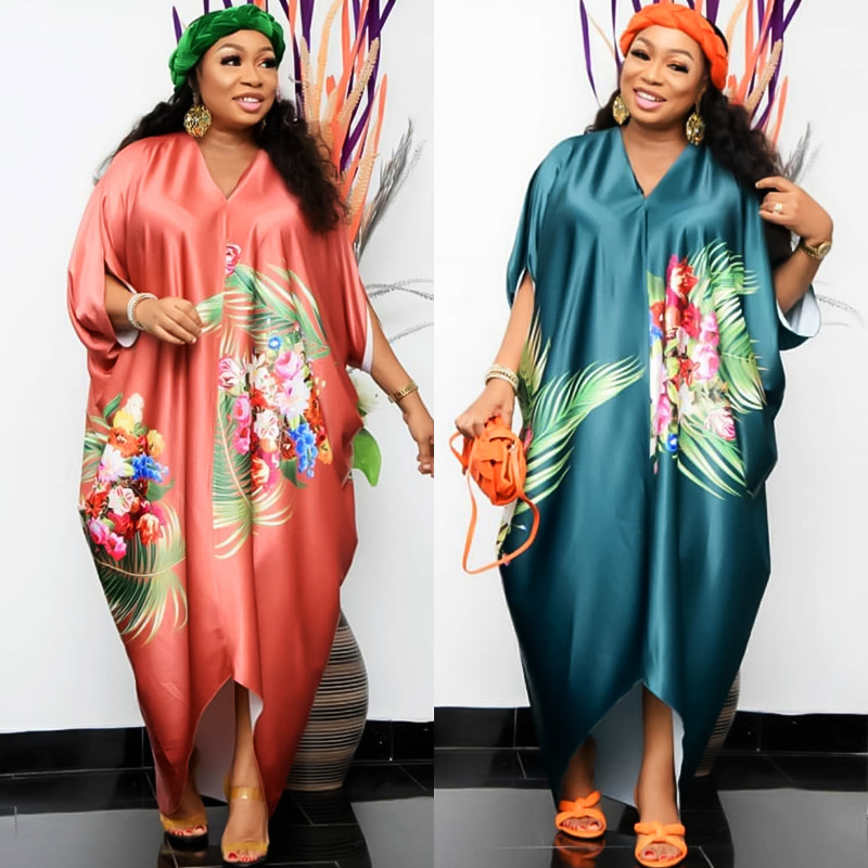 2022 Cross-Border Amazon Spring New African Large Size Women's Printed Loose Batwing Sleeve Dress GH
