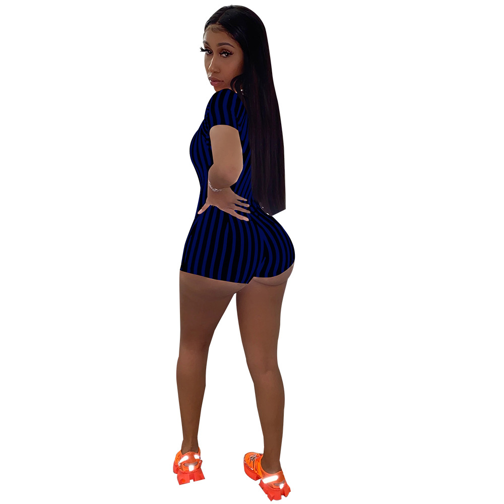 Summer 2022 European and American Foreign Trade Women's Clothing Deep V African Sexy Sports Striped Short Sleeve Tight Shorts Zipper Jumpsuit