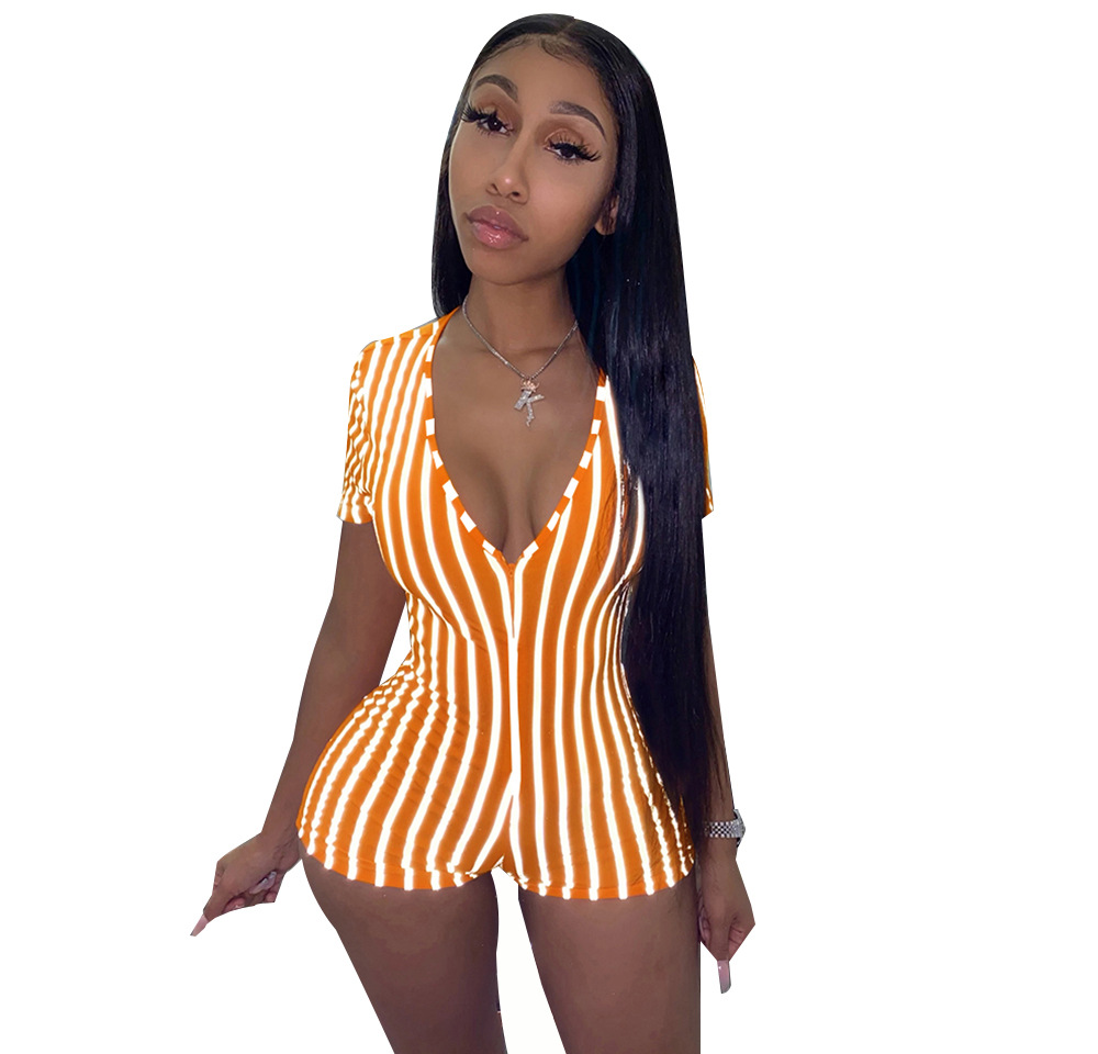 Summer 2022 European and American Foreign Trade Women's Clothing Deep V African Sexy Sports Striped Short Sleeve Tight Shorts Zipper Jumpsuit