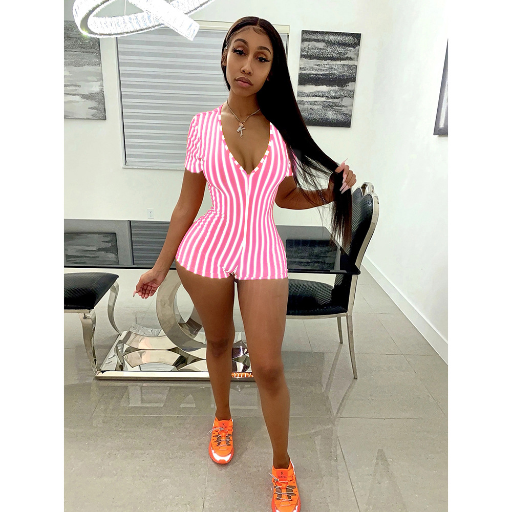 Summer 2022 European and American Foreign Trade Women's Clothing Deep V African Sexy Sports Striped Short Sleeve Tight Shorts Zipper Jumpsuit