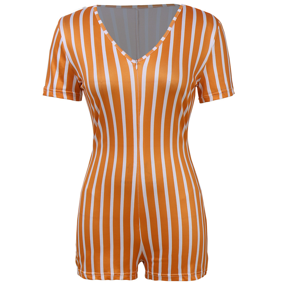 Summer 2022 European and American Foreign Trade Women's Clothing Deep V African Sexy Sports Striped Short Sleeve Tight Shorts Zipper Jumpsuit