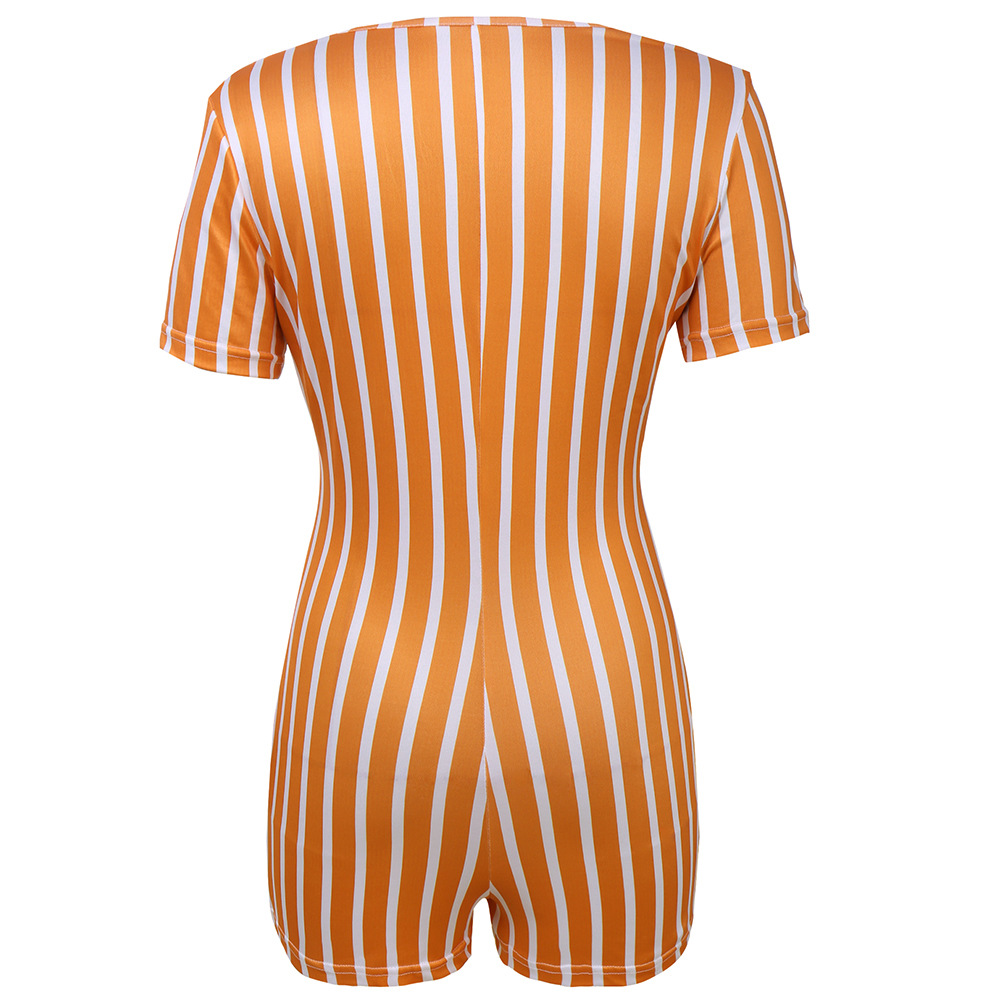 Summer 2022 European and American Foreign Trade Women's Clothing Deep V African Sexy Sports Striped Short Sleeve Tight Shorts Zipper Jumpsuit