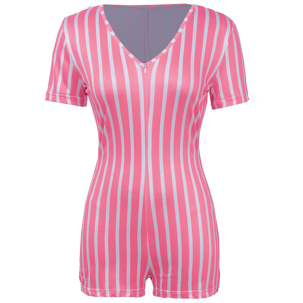 Summer 2022 European and American Foreign Trade Women's Clothing Deep V African Sexy Sports Striped Short Sleeve Tight Shorts Zipper Jumpsuit