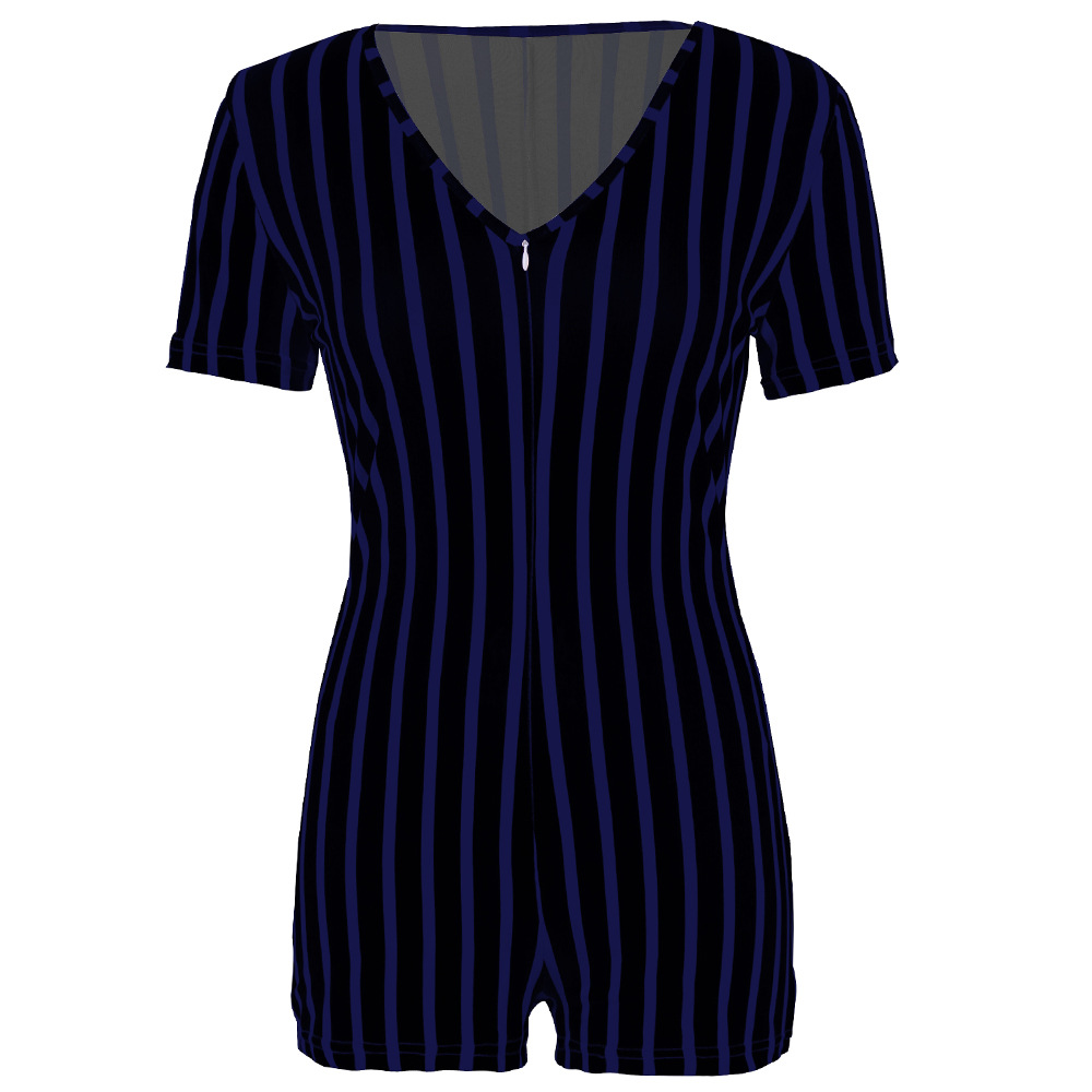 Summer 2022 European and American Foreign Trade Women's Clothing Deep V African Sexy Sports Striped Short Sleeve Tight Shorts Zipper Jumpsuit