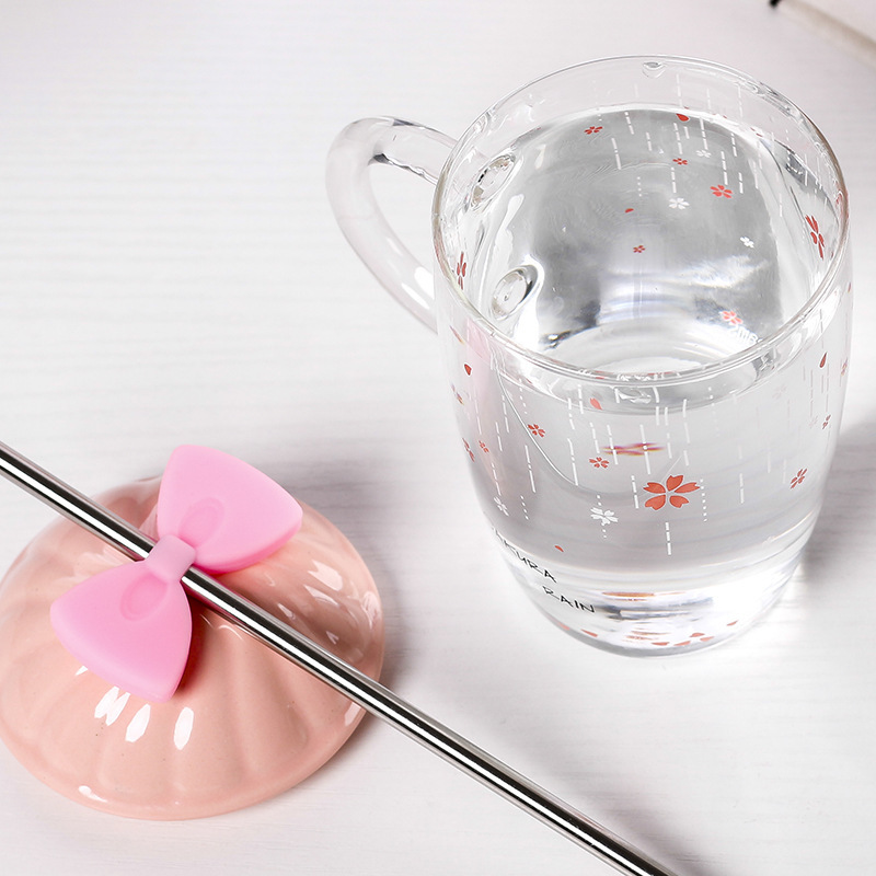 Personality Simple Glass Fresh with Bowknot Straw Glass Cup Student Creativity Cup with Lid Juice Cup
