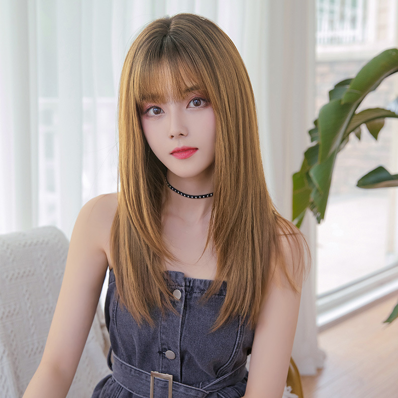 Big Goods Wholesale Women&#039;s Long Hair Realistic Natural Full-Head Wig Long Straight Hair Air Bangs Wig Fluffy Internet Celebrity Hair Cover