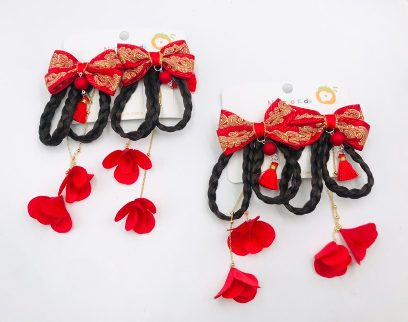 Barrettes Wig Braid Girl Red Chinese Style Bow Children's Han Chinese Costume a Pair of Hairclips New Year Hair Accessories