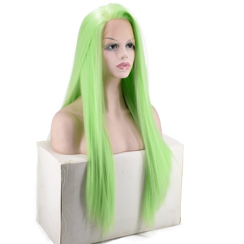 European and American Popular Women's Shawl Long Straight Hair Front Lace Chemical Fiber High-Temperature Fiber Half Hand Crocheting Green Long Straight Hair Wig
