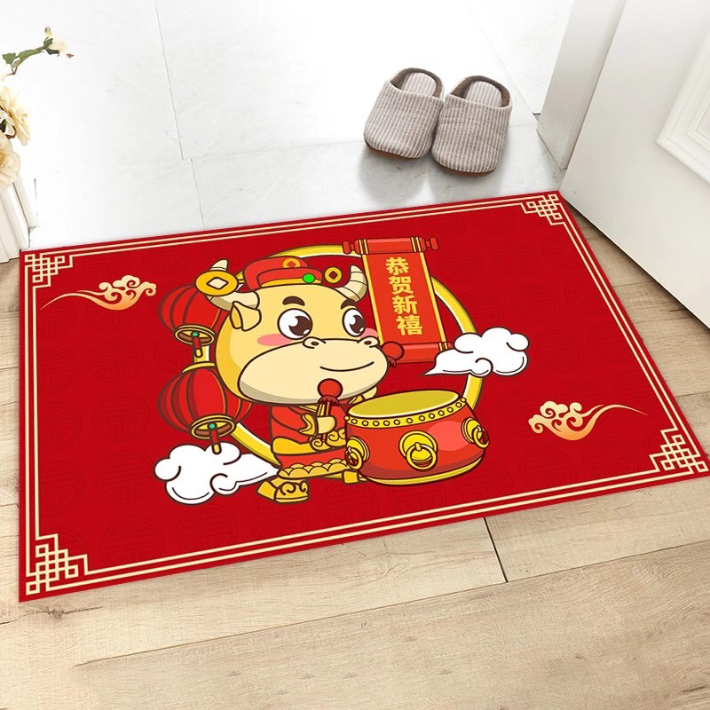Year of the Ox Festive Floor Mat New Year Doormat and Foot Mat Home Entrance Door Door Living Room Non-Slip Mat Bathroom Absorbent Pads