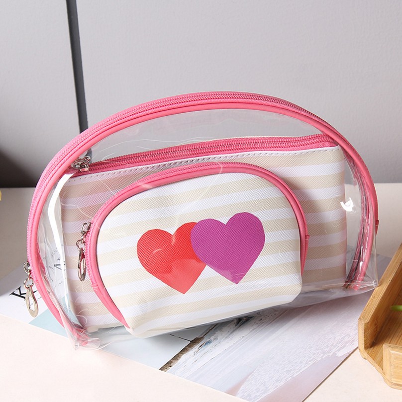 Korean PVC Three-Piece Set Cosmetic Bag Love Striped Women Bag Waterproof Wash Bag Storage Bag Clutch