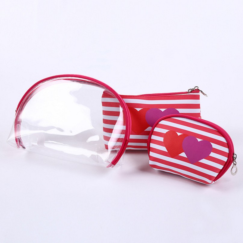Korean PVC Three-Piece Set Cosmetic Bag Love Striped Women Bag Waterproof Wash Bag Storage Bag Clutch
