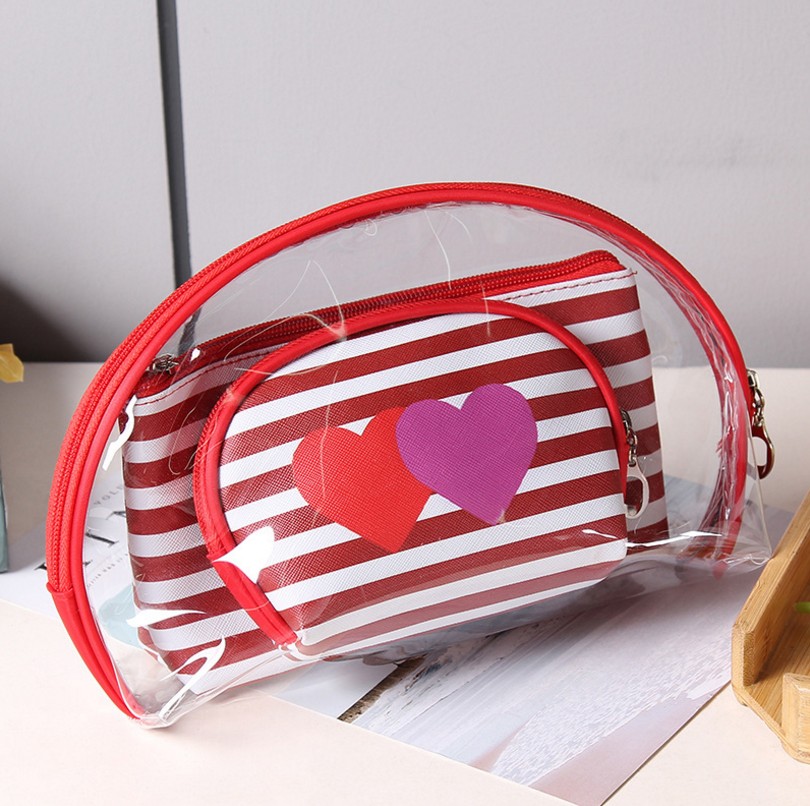 Korean PVC Three-Piece Set Cosmetic Bag Love Striped Women Bag Waterproof Wash Bag Storage Bag Clutch