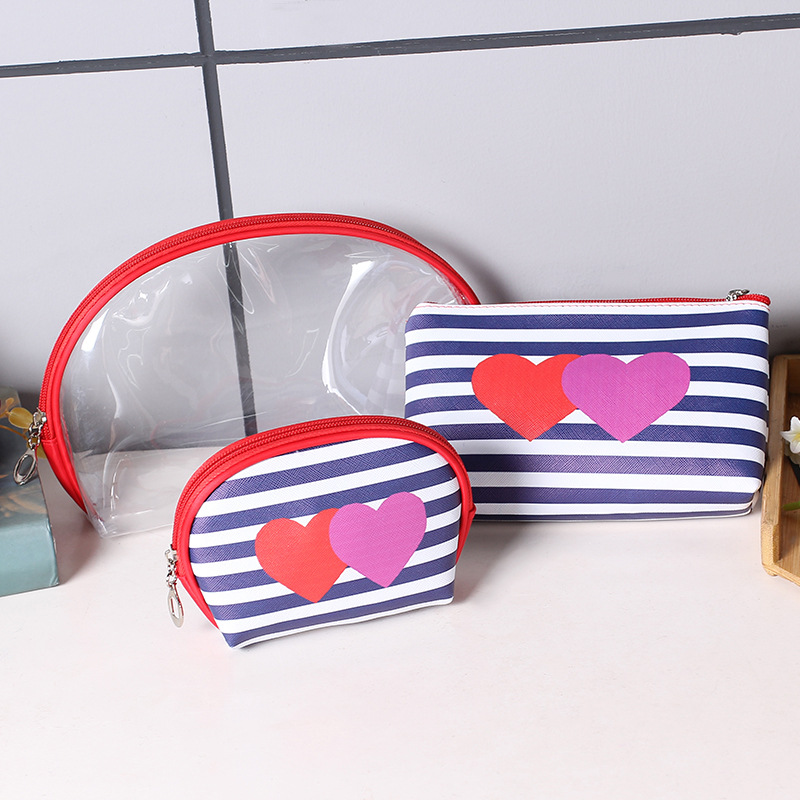 Korean PVC Three-Piece Set Cosmetic Bag Love Striped Women Bag Waterproof Wash Bag Storage Bag Clutch Korean PVC Three-Piece Set Cosmetic Bag Love Striped Women Bag Waterproof Wash Bag Storage Bag Clutch