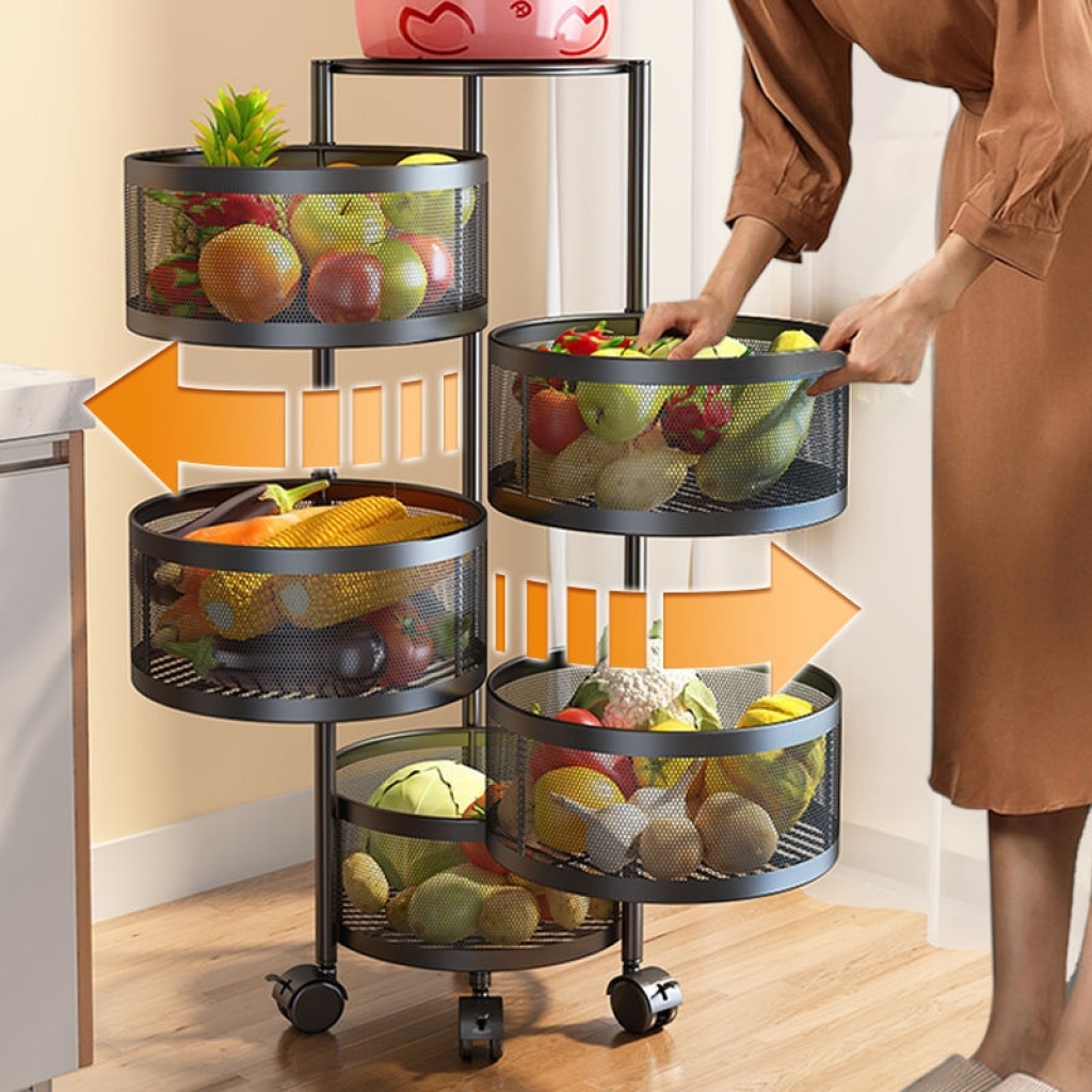 Multi-layer rotatable round square kitchen fruit vegetable drain basket mobile storage rack space saving shelf