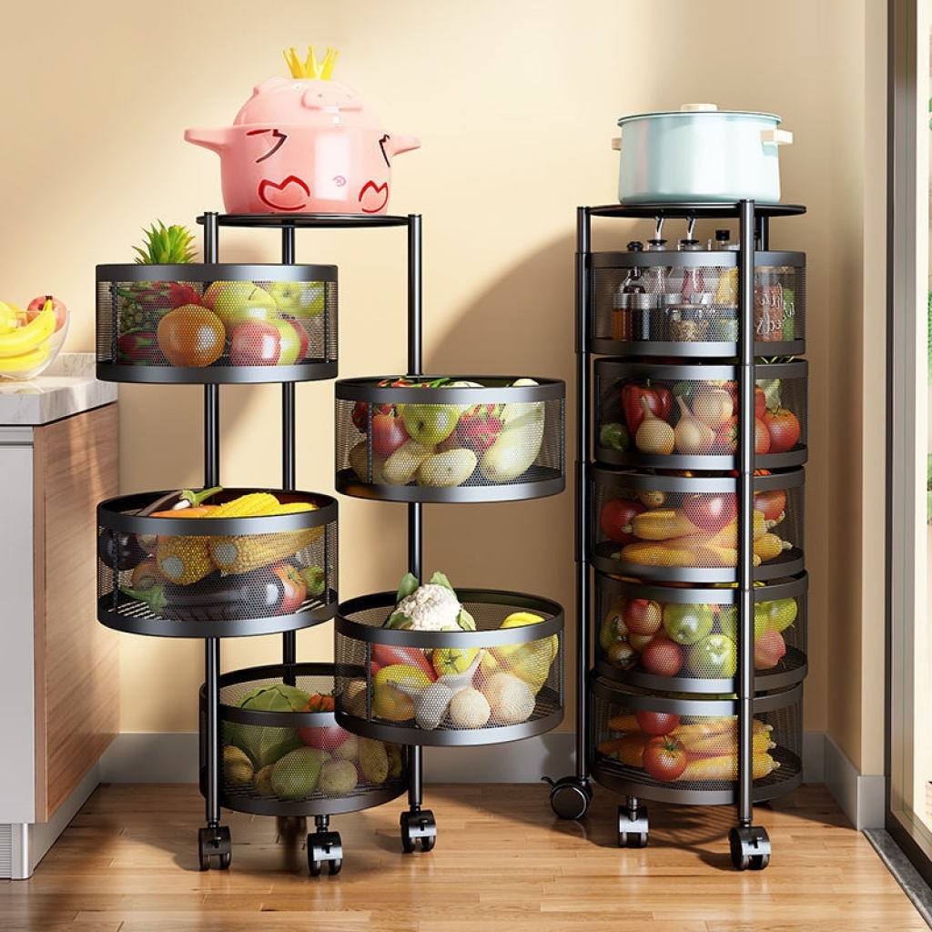Multi-layer rotatable round square kitchen fruit vegetable drain basket mobile storage rack space saving shelf