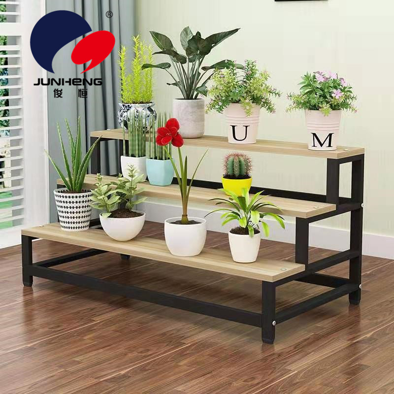 Iron Pergola Indoor Three-Layer Staircase Style Ladder Storage Rack Floor Balcony Green Radish Succulent Solid Wood Flower Pot