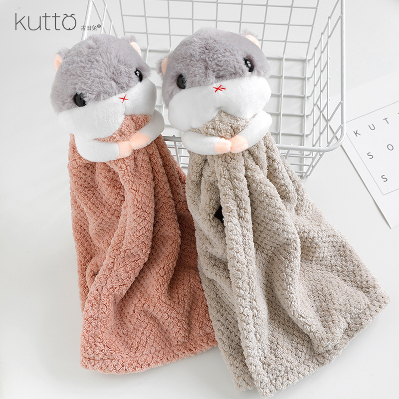 Kutto Coral Fleece Cartoon Hanging Towel Cute Hamster Absorbent Kitchen Bathroom Thickened Small Tower