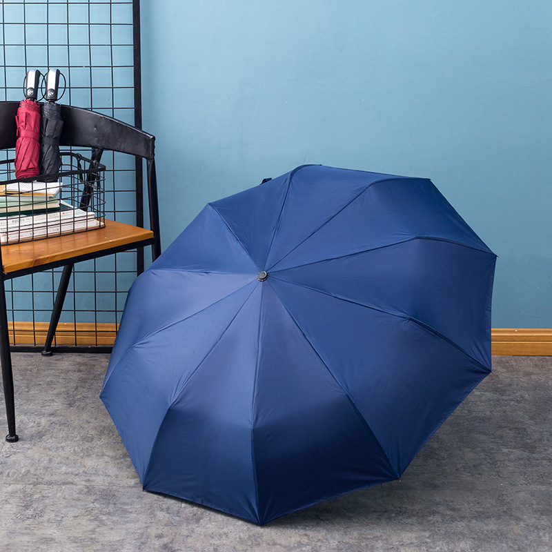 Full-Automatic Business Umbrella Advertising Logo Ten Bones Triple Folding Umbrella Simple Solid Color Rain Dual-Use Large Double Umbrella