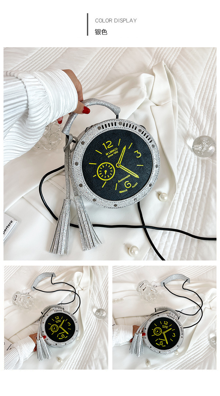 Eccentric Personality Small Bag 2021 Korean Style Fashion Tassel Vintage Clock Shape Portable Crossbody Small round Shoulder Bag Eccentric Personality Small Bag 2021 Korean Style Fashion Tassel Vintage Clock Shape Portable Crossbody Small round Shoulder Bag