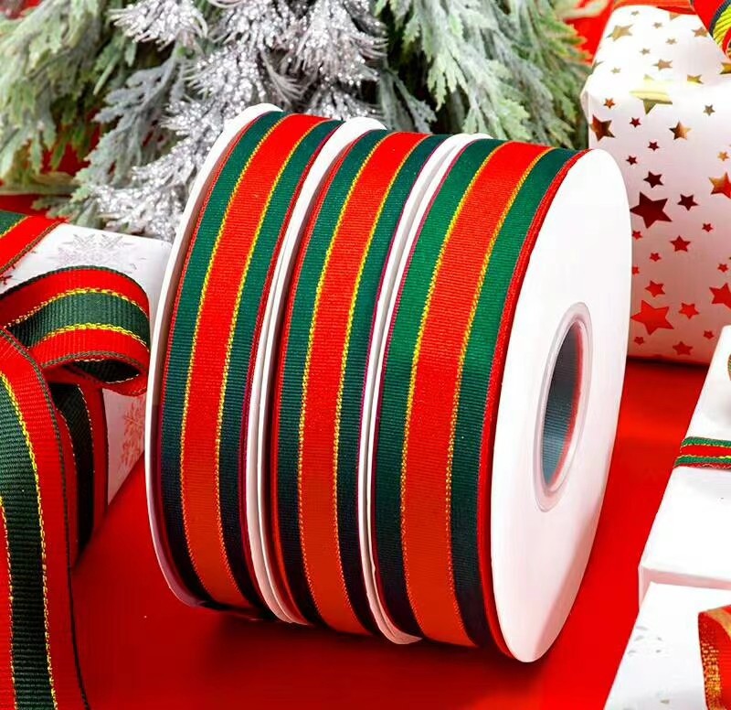 Yarn-Dyed Ribbon Striped Golden Edge, Bow Christmas Style, Manufacturer Direct Gift Box Decoration