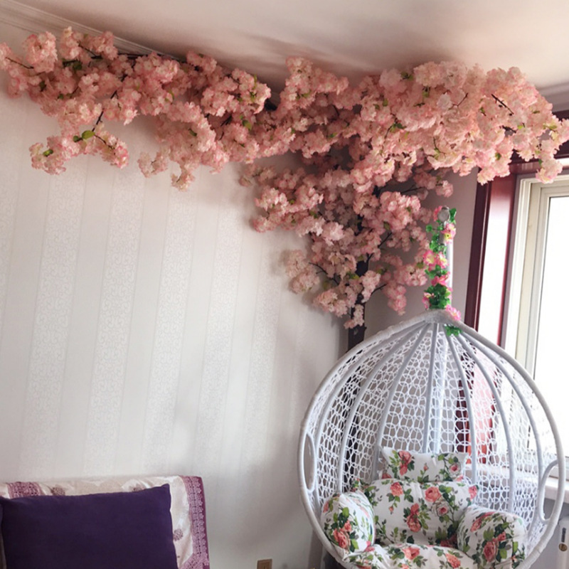 Simulation Cherry Blossom Branch Pear Flower Branch Three Fork with Green Leaf Flower Wedding     Artificial Flower