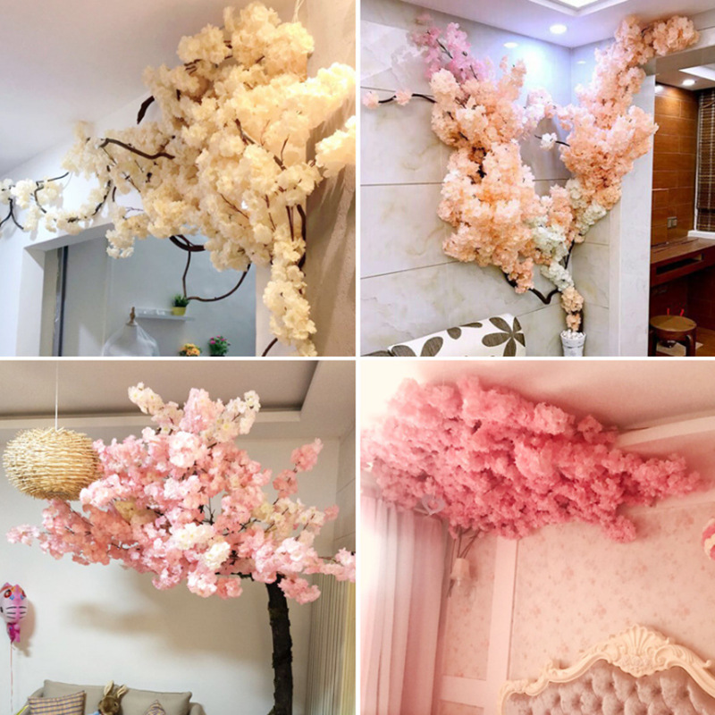 Simulation Cherry Blossom Branch Pear Flower Branch Three Fork with Green Leaf Flower Wedding     Artificial Flower