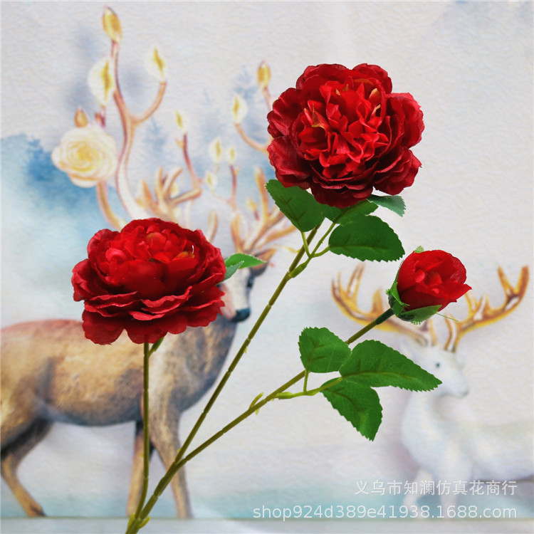 Western Rose Wedding Celebration Decoration Artificial Flower Artificial Flower European-Style Core 3 Peony Wholesale Origin Supply