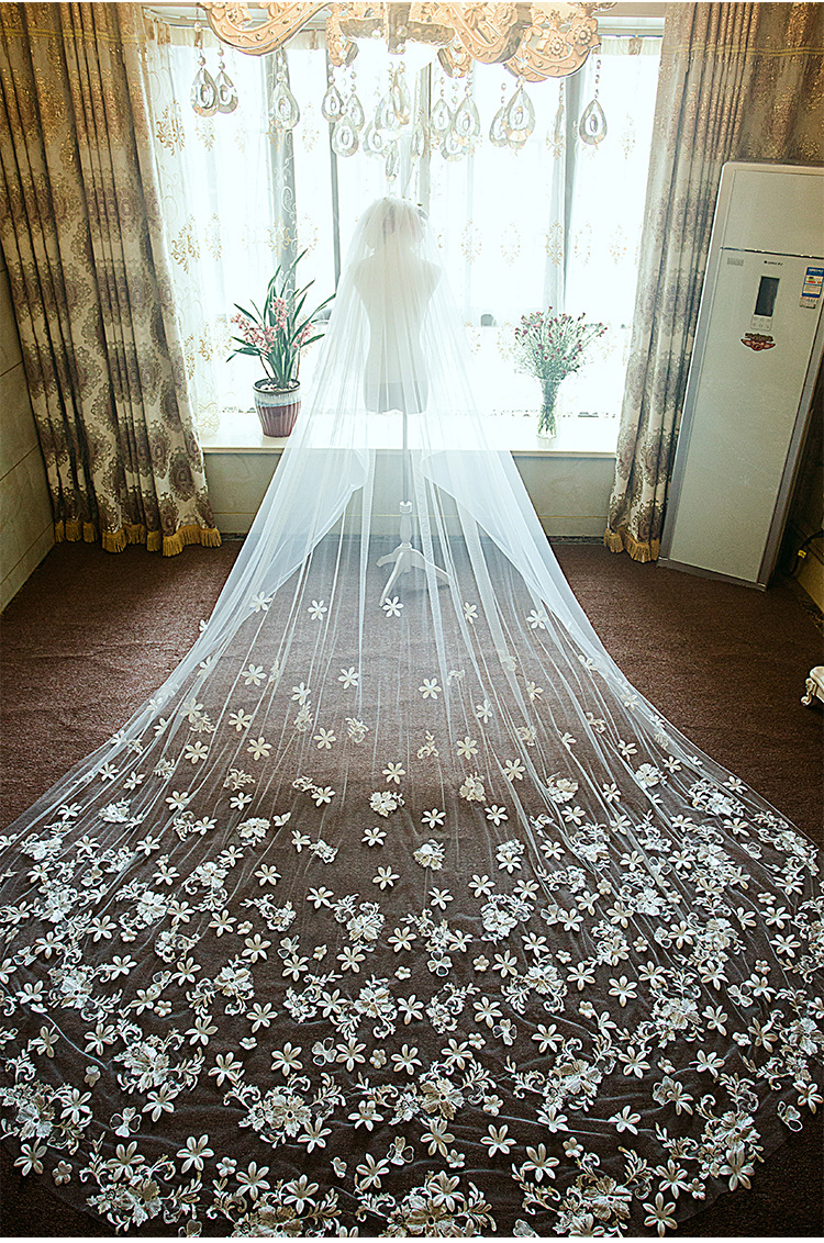 New European-Style Romantic Lace Flower Long Trailing Soft Yarn Veil Extra Long Bride Wedding Dress Veil New European-Style Romantic Lace Flower Long Trailing Soft Yarn Veil Extra Long Bride Wedding Dress Veil