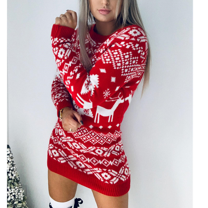 Fall/Winter 2020 New Knitwear Women Amazon European and American All-Matching Christmas Theme Knitted Long-Sleeved Dress