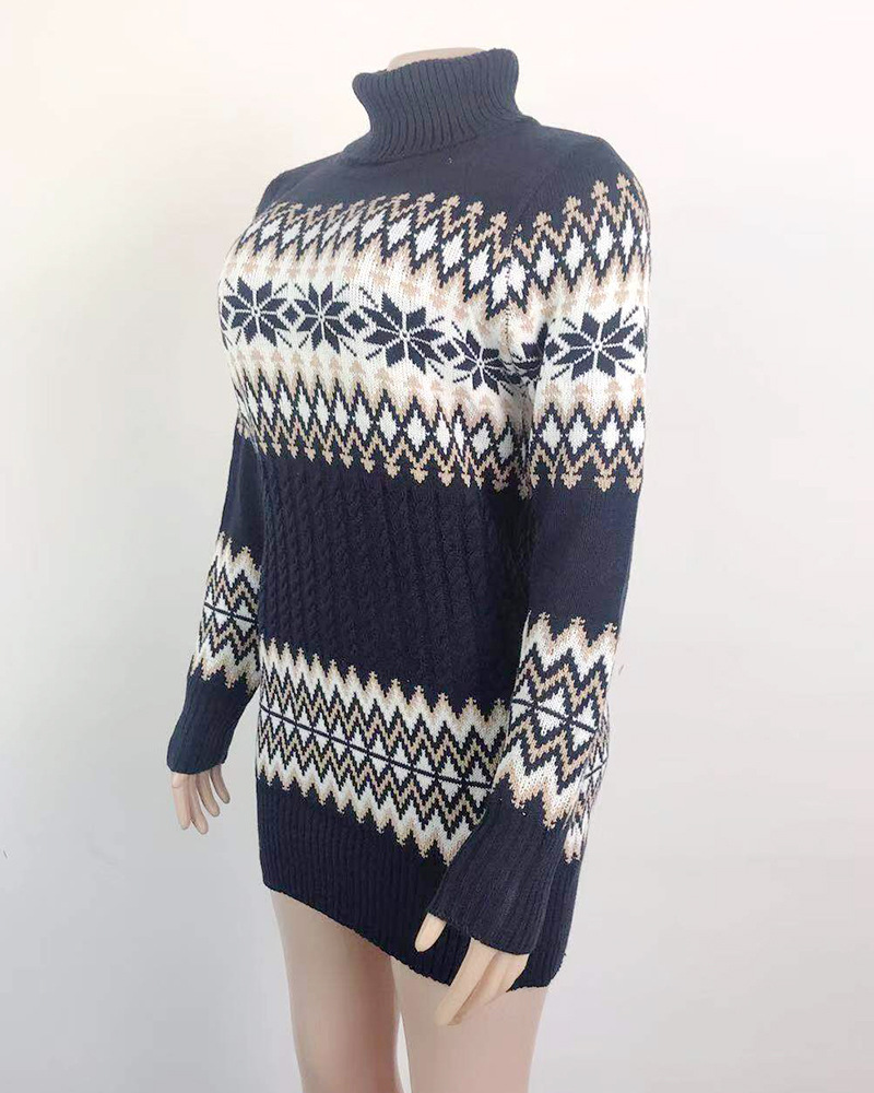 Aliexpress amazon hot style \"women 's Christmas turtleneck dress long snowflake pullover knitwear