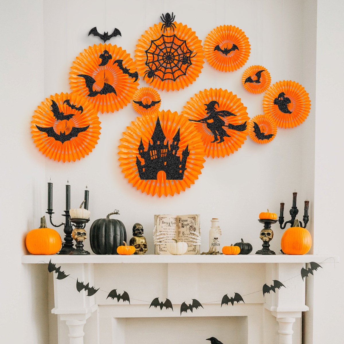 28 PCs Halloween Paper Fan Flower Bat Witch Hanging Decoration Honeycomb Hollow out Paper Flower Fan Snowflake Fan All Saints Party Supplies