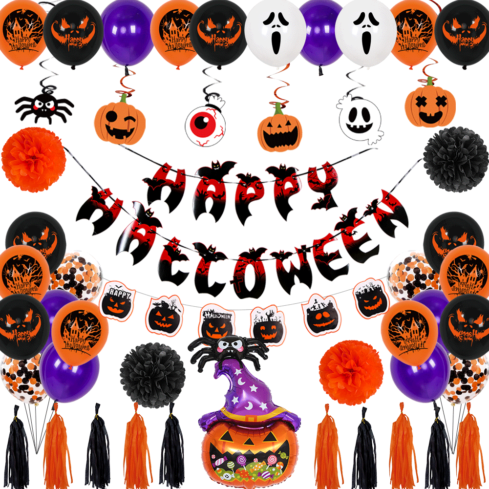 Halloween Halloween Letter Hanging Flag Banner Tassel Paper Flower Ball Rubber Balloons Suit Halloween Balloon