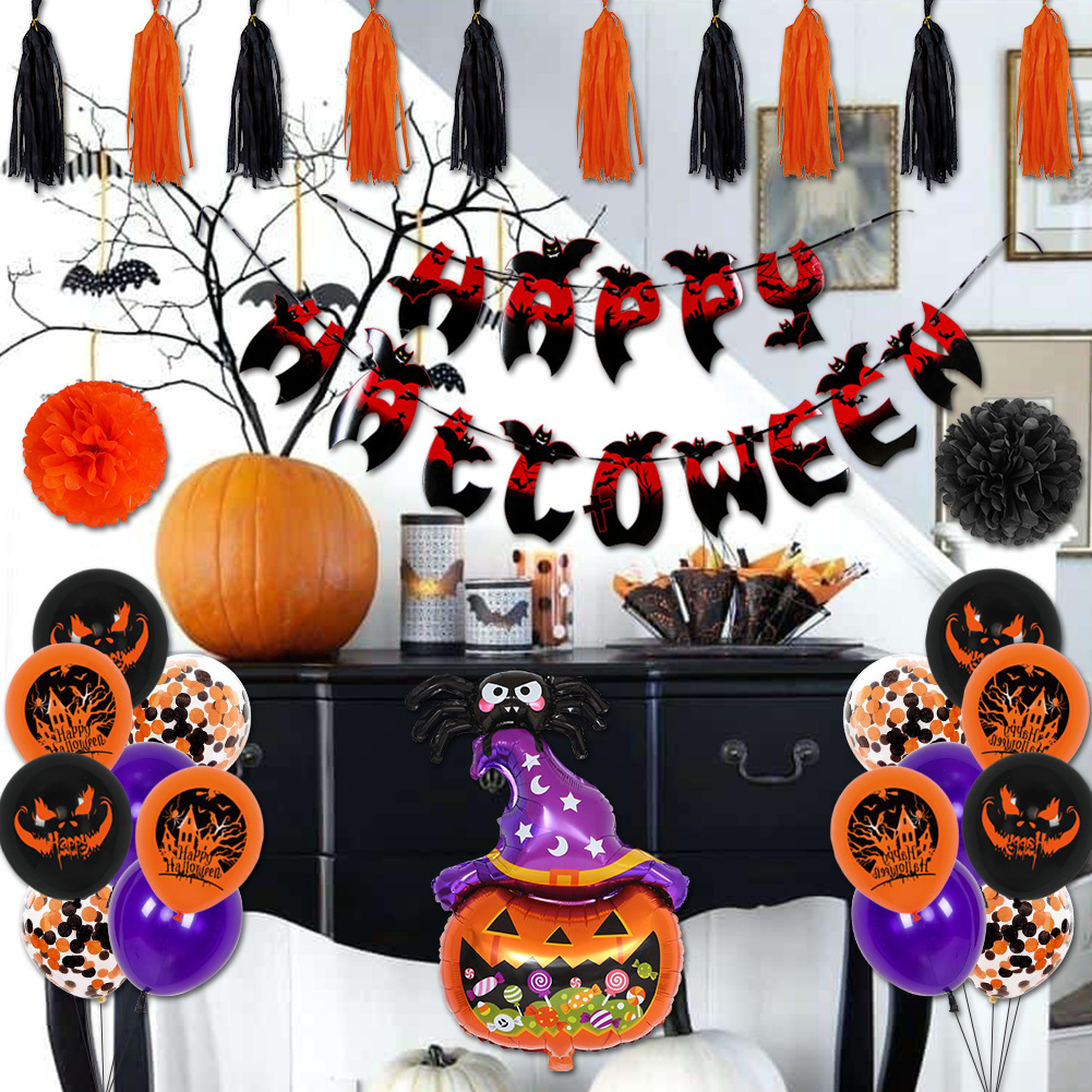 Halloween Halloween Letter Hanging Flag Banner Tassel Paper Flower Ball Rubber Balloons Suit Halloween Balloon