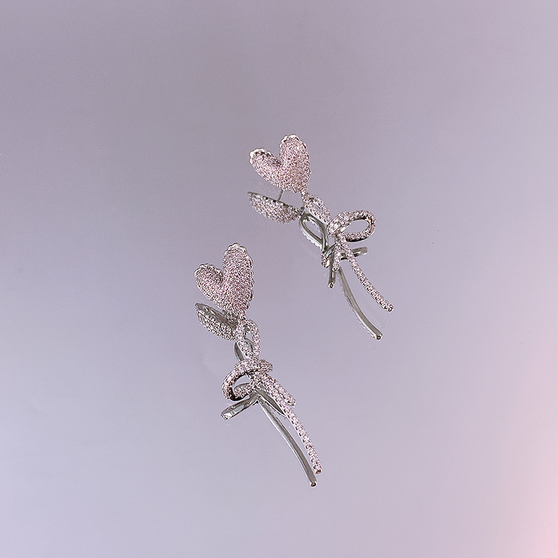 Love Heart Bow Tie Earrings Long Tassel Super Ethereal Graceful Sweet and Simple Balloon Sterling Silver Needle Girl Earrings