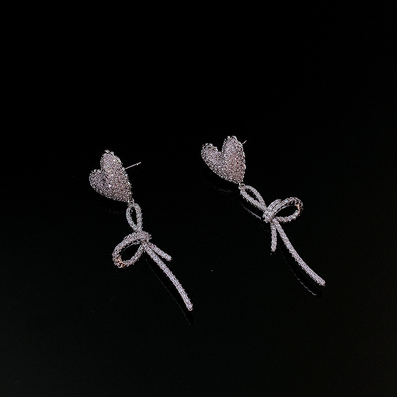 Love Heart Bow Tie Earrings Long Tassel Super Ethereal Graceful Sweet and Simple Balloon Sterling Silver Needle Girl Earrings