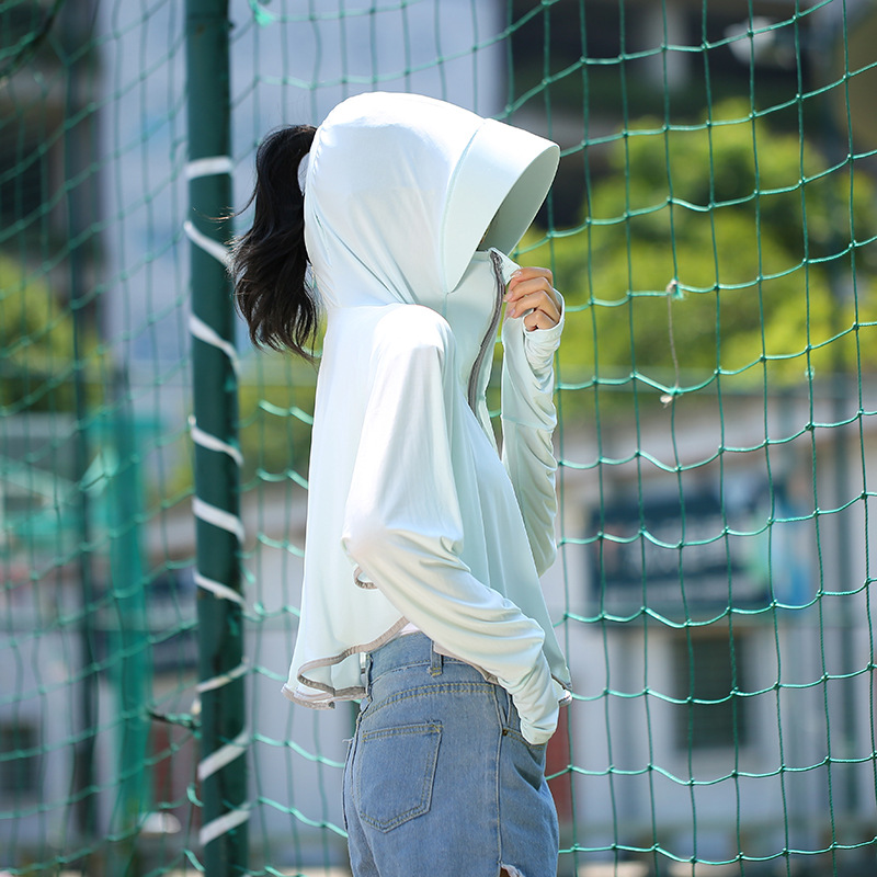 Outdoor Leisure Zipper Hat Big Brim Ice Silk Sun Protection Clothing Women's Summer Breathable Loose Long Sleeve Jacket Sun-Proof Clothing