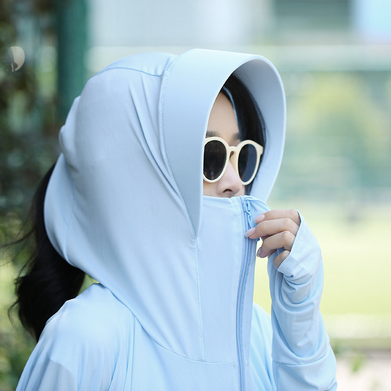 Outdoor Leisure Zipper Hat Big Brim Ice Silk Sun Protection Clothing Women's Summer Breathable Loose Long Sleeve Jacket Sun-Proof Clothing