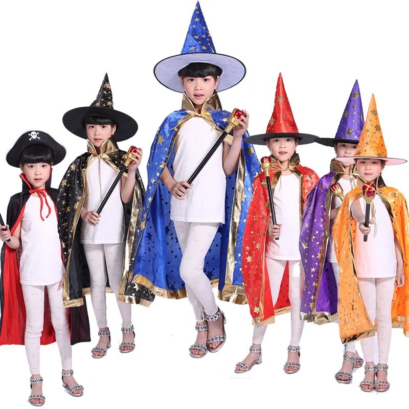 Cross-border Halloween party costumes for children five-star cape cape witch hat set cape Korea