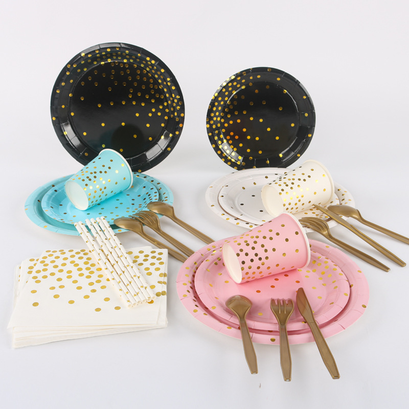 Birthday Party Tableware Set Gold Powder Dot Paper Cup Paper Pallet Disposable Cake Paper Plate