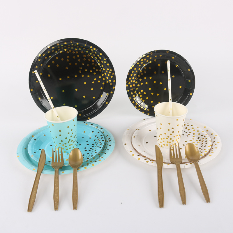 Birthday Party Tableware Set Gold Powder Dot Paper Cup Paper Pallet Disposable Cake Paper Plate