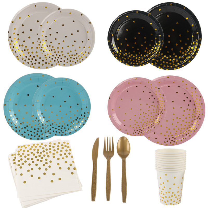 Birthday Party Tableware Set Gold Powder Dot Paper Cup Paper Pallet Disposable Cake Paper Plate