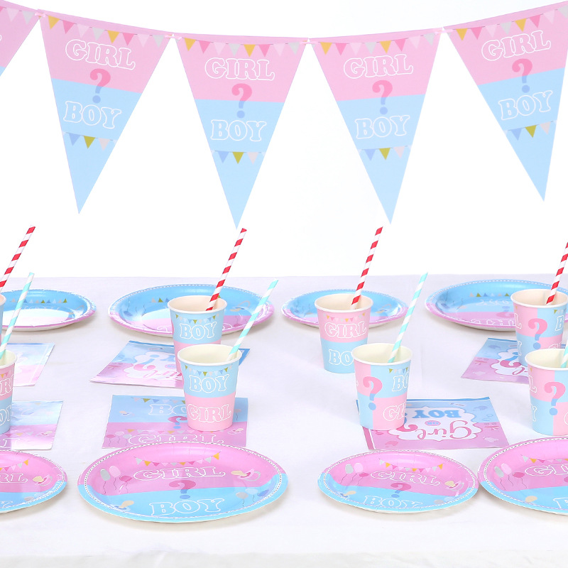 Amazon New Gender Reveal Party Suit Birthday Supplies Decoration Disposable Paper Plate Paper Cup Manufacturer