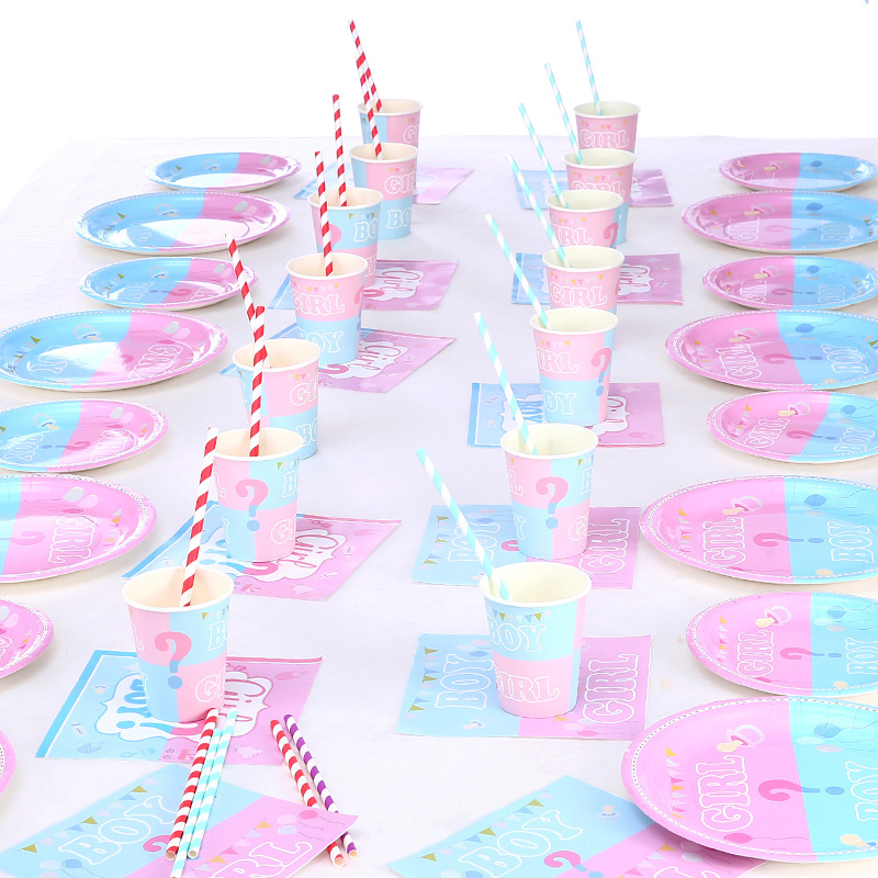 Amazon New Gender Reveal Party Suit Birthday Supplies Decoration Disposable Paper Plate Paper Cup Manufacturer