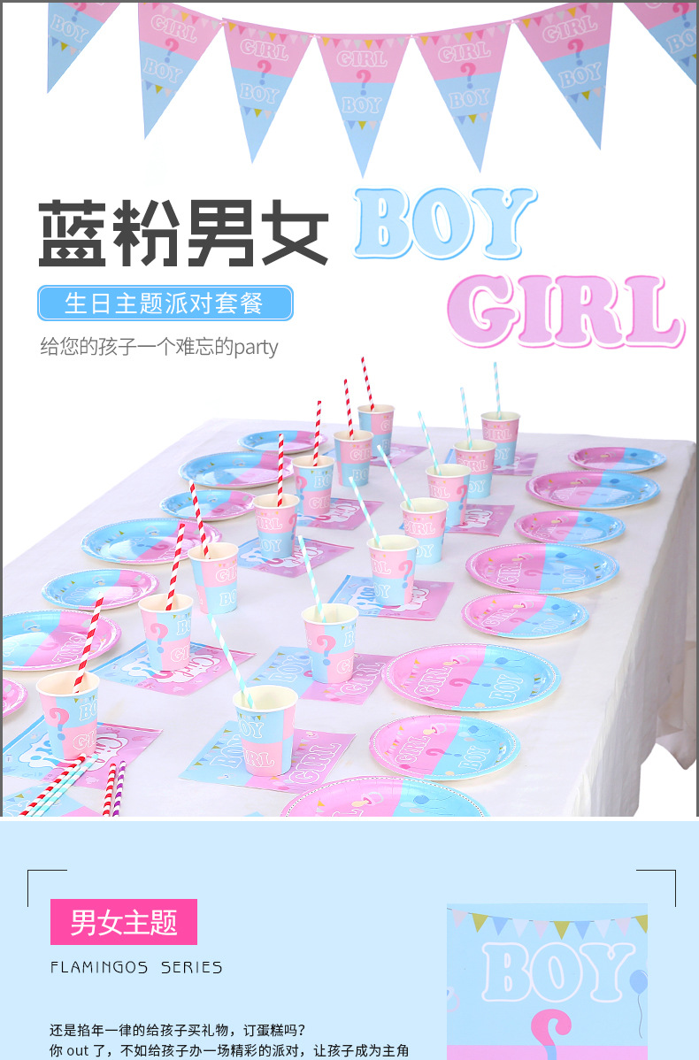Amazon New Gender Reveal Party Suit Birthday Supplies Decoration Disposable Paper Plate Paper Cup Manufacturer