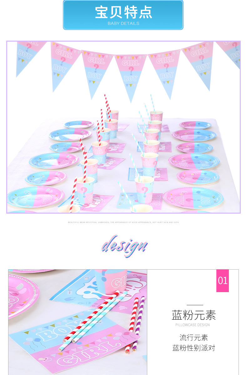 Amazon New Gender Reveal Party Suit Birthday Supplies Decoration Disposable Paper Plate Paper Cup Manufacturer