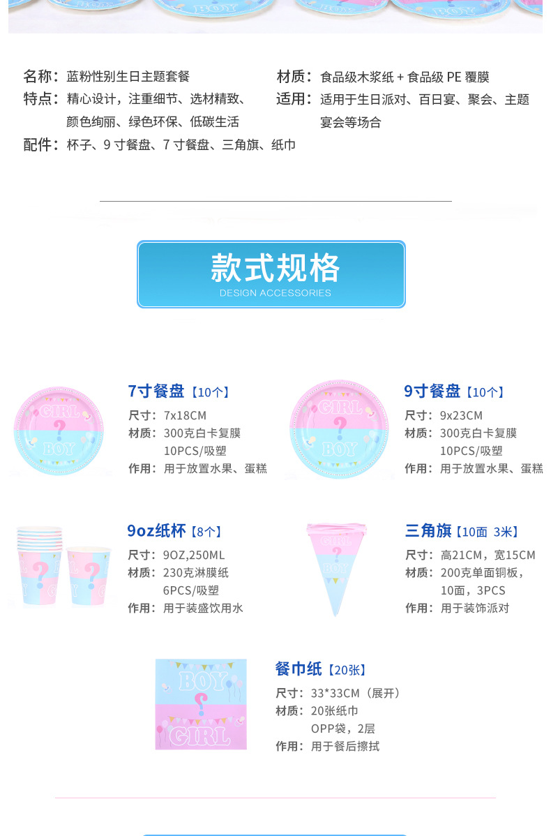 Amazon New Gender Reveal Party Suit Birthday Supplies Decoration Disposable Paper Plate Paper Cup Manufacturer