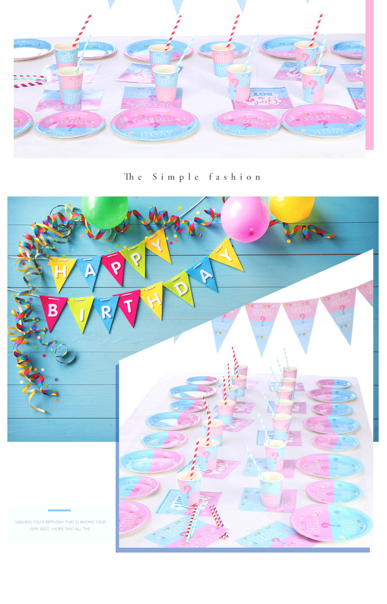 Amazon New Gender Reveal Party Suit Birthday Supplies Decoration Disposable Paper Plate Paper Cup Manufacturer