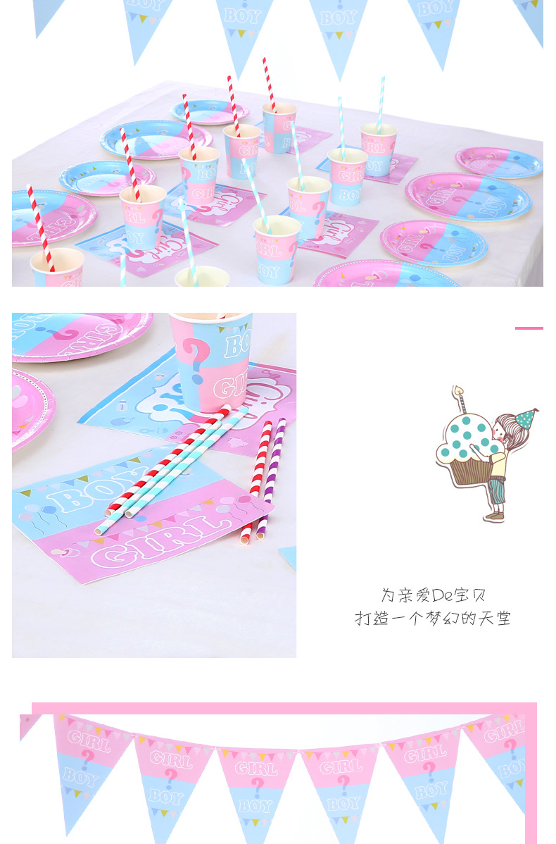 Amazon New Gender Reveal Party Suit Birthday Supplies Decoration Disposable Paper Plate Paper Cup Manufacturer