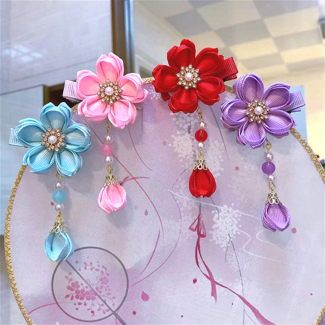 Ancient Style Han Chinese Clothing Hair Accessories Beaded Barrettes Tassel Flowers Children&#039;s Japanese Style Girl Baby Headdress Tang Suit Side Clip