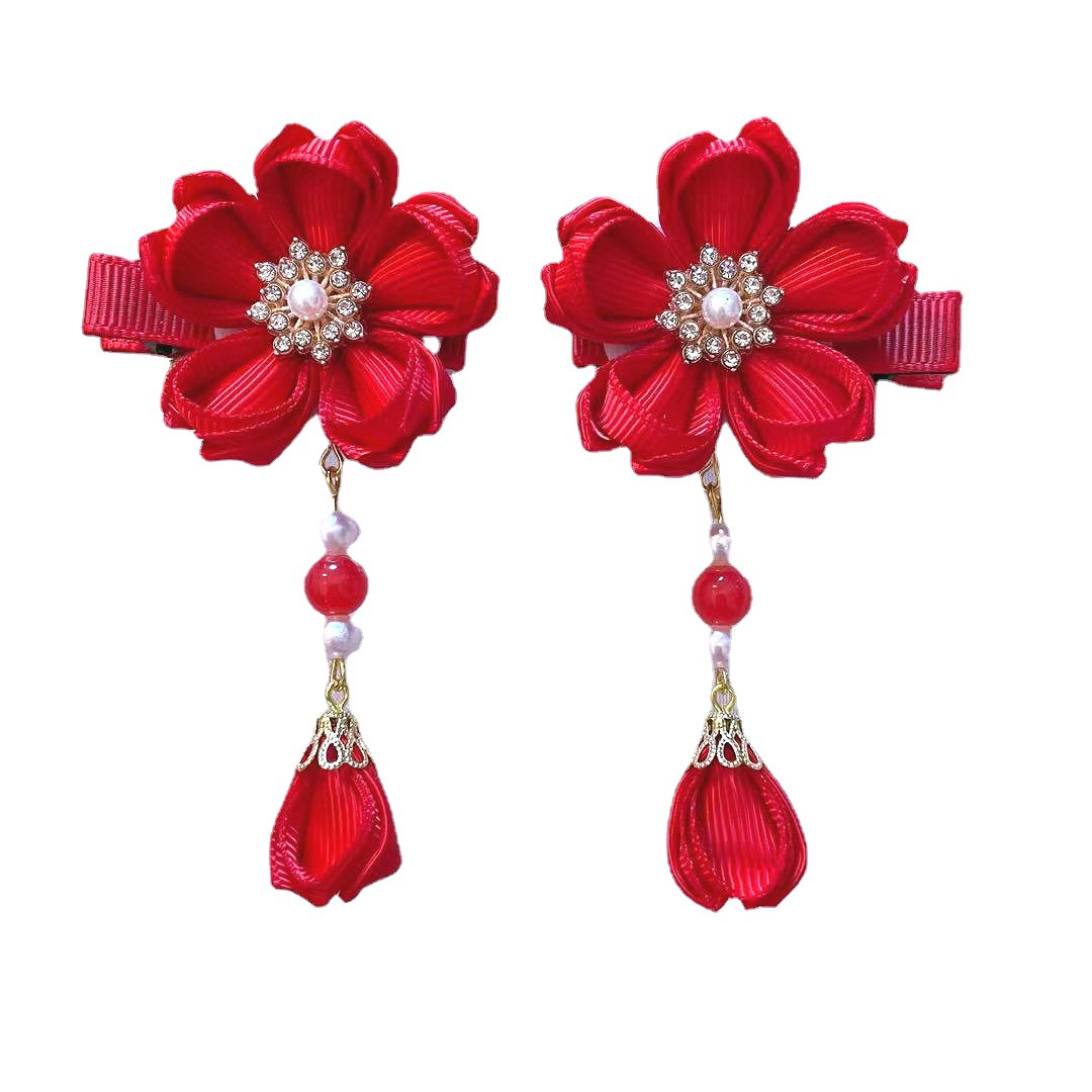 Ancient Style Han Chinese Clothing Hair Accessories Beaded Barrettes Tassel Flowers Children&#039;s Japanese Style Girl Baby Headdress Tang Suit Side Clip
